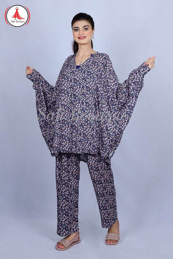 Two-Piece Blue Lelan Printed Ladies Shirt and Trousers Set