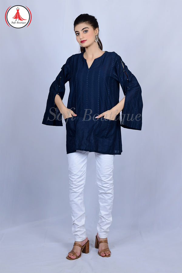 Blue Cotton Shirt with Embroidery and Attractive Open Button Sleeves