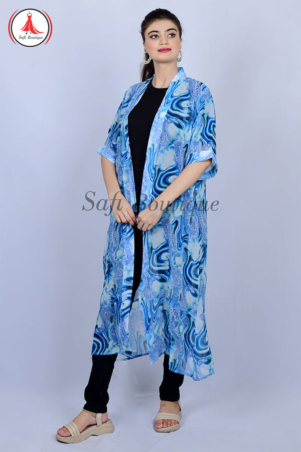 Women's Blue Printed Chiffon Open GownShrug with 51-Inch Length and Half Quarter Sleeves