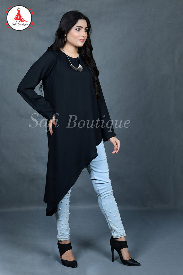 Black Georgette Shirt with One Long Side and Full Sleeves