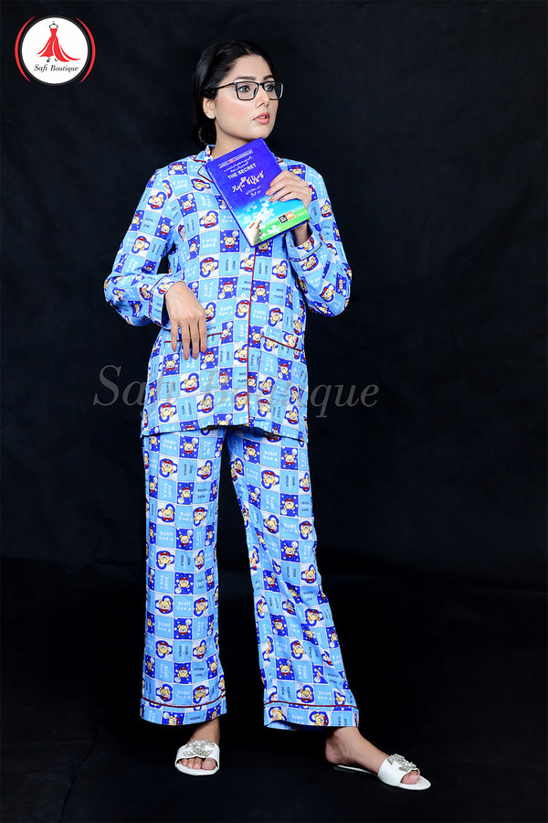 Light Blue Teddy Bear Printed Lelan Two-Piece Nightwear Set: Trousers and Shirt