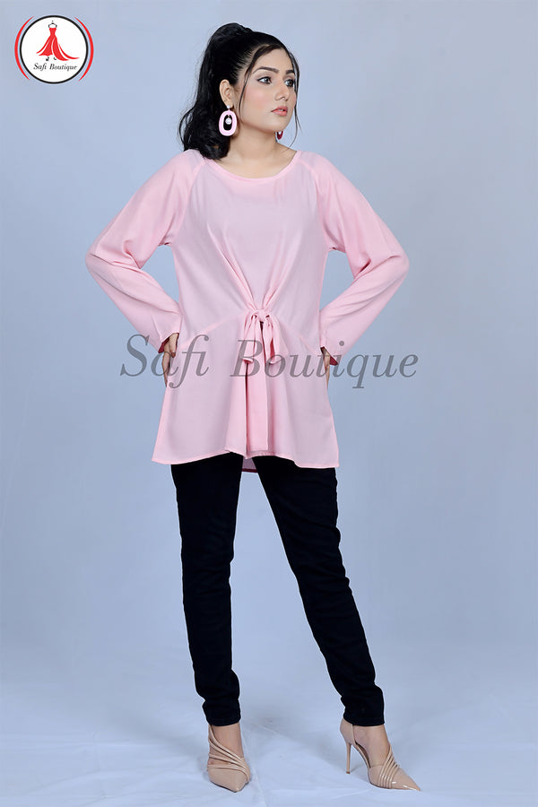 Elegant Pink Georgette Women's Shirt with Stitched Cloth Belt