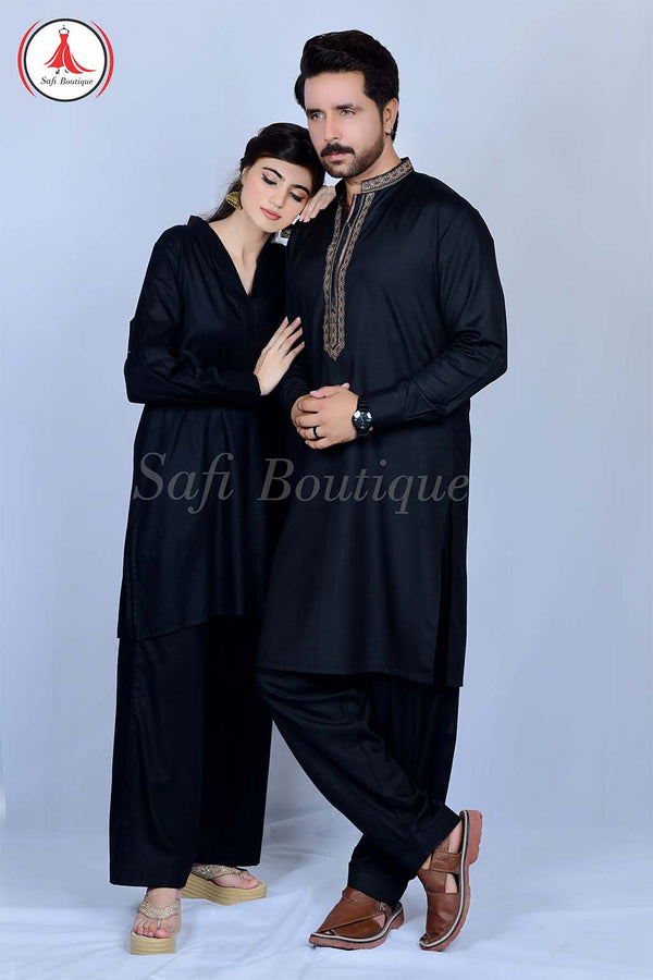 Black Cotton Two-Piece Female, Male and Couple Suit (2pcs)