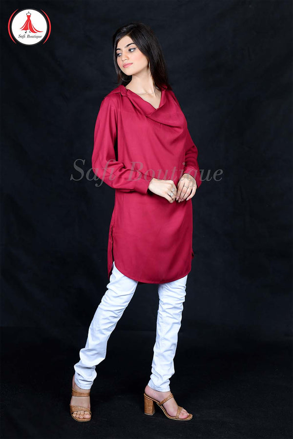 Maroon Georgette Ladies' Stylish Plate Shirt with Cuffs and Elegant Neck Design